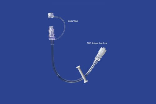 MILA Large Bore Extension Set with stasis valve, clamp, 360° spinner luer lock, and tethered cap - 13Ga x 46cm (18in)