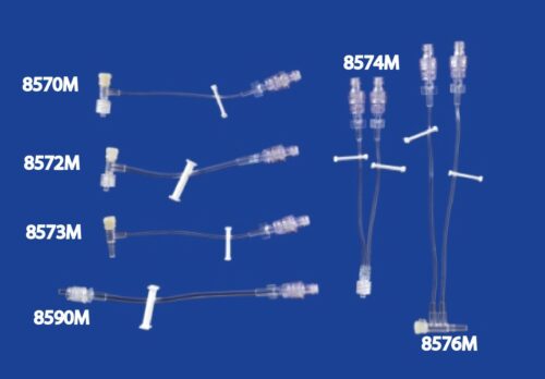 MILA Small Bore T Set with 2 stasis valves, 2 clamps, injection site, and luer lock - 16Ga x 20cm (8in) - Priming Volume: 0.88ml